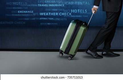 Travel Concept, Businessman With Luggage Walk Inside Airport Departures Terminal, Side View, Graphic About Travel Technology On The Wall
