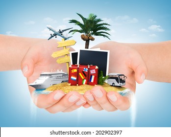 Travel Concept. Hands Holding Iceland With Palm, Suitcase, Photoframe, Sign And Transport