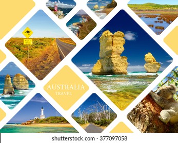  Travel Concept. Photo Collage Australia. Great Ocean Road And 12 Apostles.