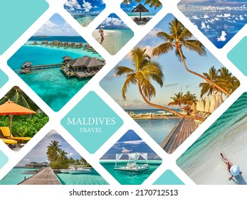 Travel Concept Photo Collage. Tropical Beach And Water Bungalows. Travel And Tourism To Luxury Resorts In The Maldives Islands