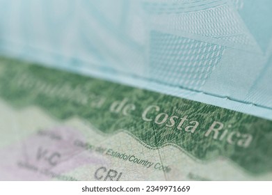 Travel costa rica visa in passport macro close up view