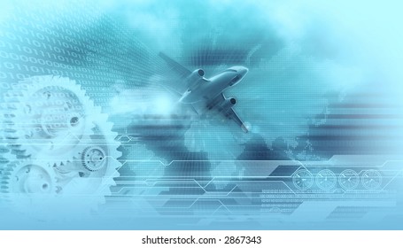 travel design background landing airliner in the background digital world map,gears,binary data codes and wireframe tech lines