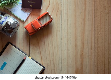 Travel Desk Or Travel Concept Tourist Essentials. Plan A Journey. Space For Text Copy Space  And Top View.