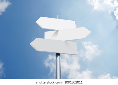 travel destinations options. Direction road sign with arrows on sky and clouds