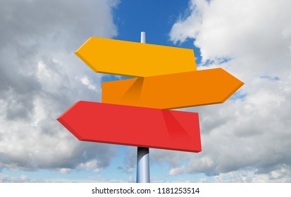 travel destinations options. Direction road sign with arrows on sky and clouds