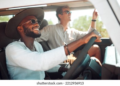 Travel, driving and road trip friends men in caravan for summer nature adventure, holiday or vacation journey. Diversity people drive together with sunglasses in a car or van transport in countryside - Powered by Shutterstock