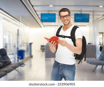 Travel, Education, Tourism And People - Smiling Student With Backpack And Book At Airport