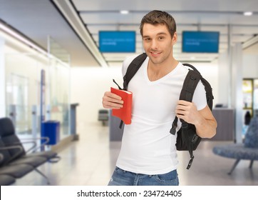 Travel, Education, Tourism And People - Smiling Student With Backpack And Book At Airport