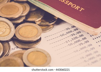 Travel Expense Concept. Bank Account And Pass Port With Coin. Vintage Filter.