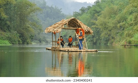 Travel experience bamboo rafting on streams in central Vietnam 2023
