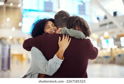 Travel, family and hug in airport, reunion and happiness for international trip, getaway and cheerful. Love, man and woman with child, kid or goodbye for traveling, embrace or departure with greeting