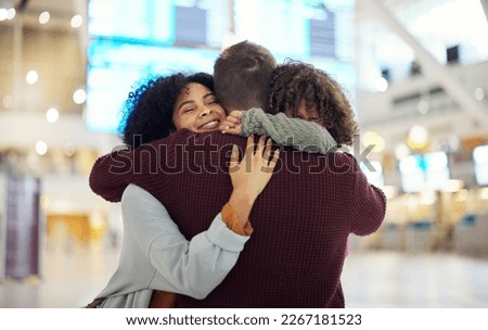 Travel, family and hug in airport, reunion and happiness for international trip, getaway and cheerful. Love, man and woman with child, kid or goodbye for traveling, embrace or departure with greeting