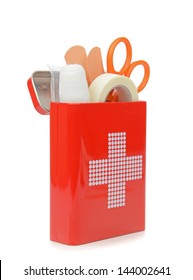 A Travel First Aid Kit In A Tin Standing On A White Background