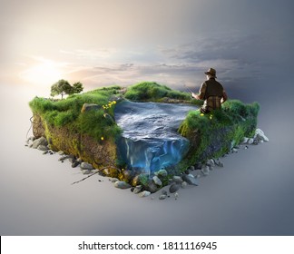 Travel and fishing background. 3d illustration with cut of the ground and the grass landscape with the cut of the pond. 