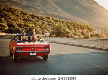 Travel, freedom and friends in car for road trip by sunset for countryside vacation or holiday. Adventure, nature and group of people in convertible for driving to weekend destination in Ireland. - Powered by Shutterstock