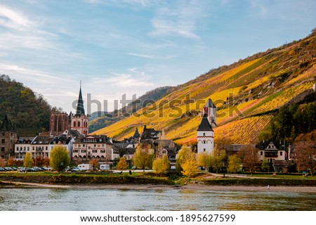 Travel in Germany - river cruises in Rhein river, beautiful medieval town and wine fields. Germany Koblenz area