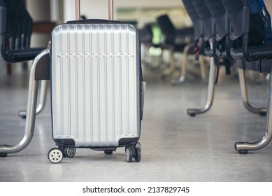 Travel Gray Luggage or suitcase at airport.Lost luggage while travelling to hotel.Tourist forget suitcase in international airline terminal.Baggage Travel concept.