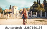 Travel in Greece- Ancient Agora in Athens, Traveler woman, young female tourist