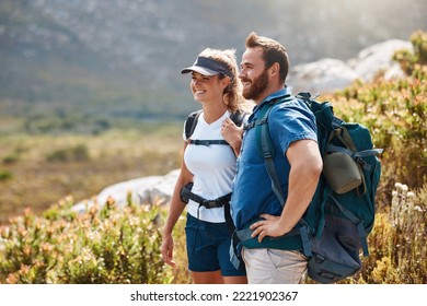 Travel, Hiking And Couple Trekking In Nature For Holiday, Adventure And Summer Together In Norway. Happy, Smile And Man And Woman On A Mountain Walk For An Outdoor Vacation On A Field For Happiness