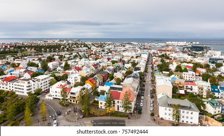travel to Iceland - aerial view of Skolavordustigur street and Midborg district of Reykjavik city from Hallgrimskirkja church in autumn - Shutterstock ID 757492444