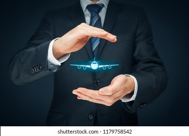 Travel Insurance Concept. Insurance Agent Or Businessman With Protective Gesture And Icon Of Plane. Quiet Skies By TSA Concept.