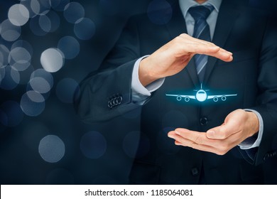 Travel Insurance Concept. Insurance Agent Or Businessman With Protective Gesture And Icon Of Plane. Quiet Skies By TSA Concept.