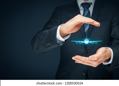 Travel Insurance Concept. Insurance Agent Or Businessman With Protective Gesture And Icon Of Plane. Quiet Skies By TSA Concept.