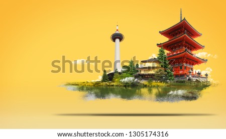 Travel Japan Land of the Rising Sun  with temple,landmark tower and Beautiful nature, Kyoto Tower,Kinkakuji Temple,Kiyomizudera Temple.