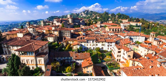 Travel and landmarks of northern Italy - medieval Bergamo. Panoramic view of old town