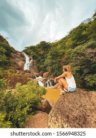 Travel Lifestyle. Young Traveler Woman At Waterfall In Tropics. 
Chorros De Ola, Panama.
Central America