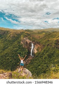 Travel Lifestyle. Young Traveler Woman At Waterfall In Tropics. 
Chorros De Ola, Panama.
Central America