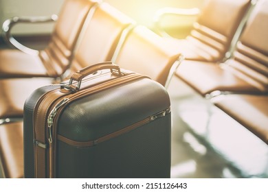 Travel Luggage Bag In Airport At Waiting Area For Holiday Vacation Traveller Visitor Flight Concept