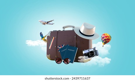 TRAVEL LUGGAGE WITH PASSPORT and CAMERA ISOLATED - Powered by Shutterstock - Get 15% off with code: PIKWIZARD15