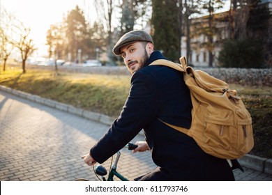 Travel man with bicycle and backpack - Powered by Shutterstock