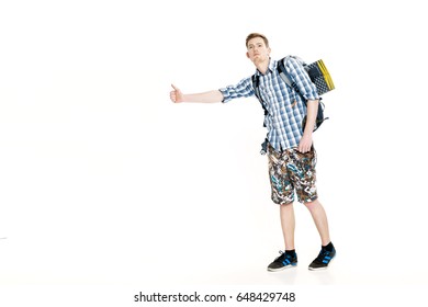 Travel Man Hitchhiking. Young Male Hitchhiker On White Background