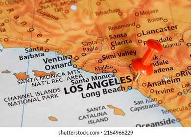 Travel map of the coast of California showing Los Angeles, USA with red push pin