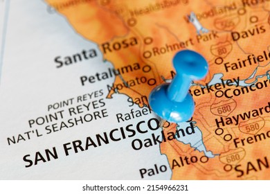 Travel map of the coast of California showing San Francisco, USA with a blue push pin