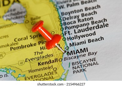 Travel Map Of The Coast Of Florda Showing Miami, USA With Red Push Pin