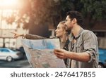 Travel, map and couple pointing in city for adventure, holiday or directions in Budapest. Tourist, young woman and happy man with document for location, search destination or outdoor sightseeing