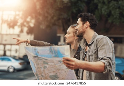 Travel, map and couple pointing in city for adventure, holiday or directions in Budapest. Tourist, young woman and happy man with document for location, search destination or outdoor sightseeing - Powered by Shutterstock