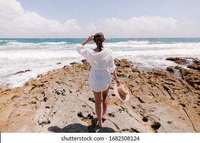 Travel To Mexico. Caribbean Sea. Girl On The Ocean.  