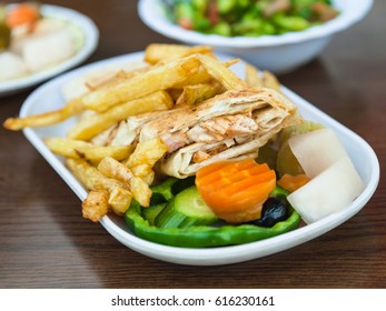 Travel To Middle East Country Kingdom Of Jordan - Arabian Fast Food Shawarma With Chicken Meat On Plate In Outdoor Cafe In Aqaba City