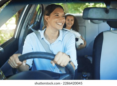 Travel, mother and child in car for drive, fun and sports, soccer and adventure, happy and excited. Mom, driver and girl passenger in vehicle, smile and bonding on road trip to football activity - Powered by Shutterstock