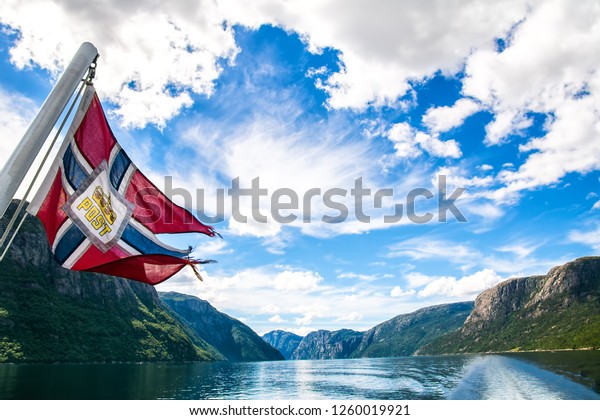 Travel in Norway. Amazing nature view with\
beautiful clouds above the fjord. Location: Lysefjorden, Norway,\
Europe. Artistic picture. Beauty world.\
