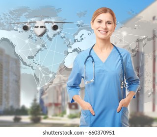 Travel Nursing Concept. Yong Doctor On Cityscape Background