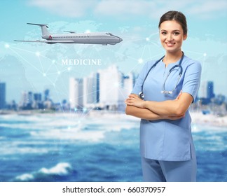 Travel Nursing Concept. Yong Doctor On Cityscape Background