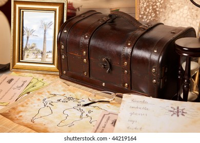 Travel Objects. Old Grungy Map, Old Ticket, Trunk, Photo In Frame, To Do List, Hourglass. I Am A Copyright Holder Of All Pictures Used In This Photo