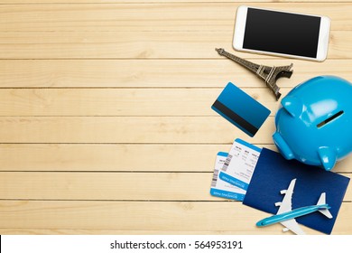 Travel Objects On Wooden Background