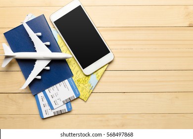 Travel Objects On Wooden Background