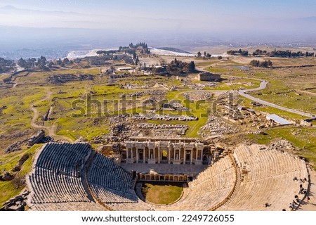 Travel Pamukkale Ancient amphitheater Turkey, aerial top view.